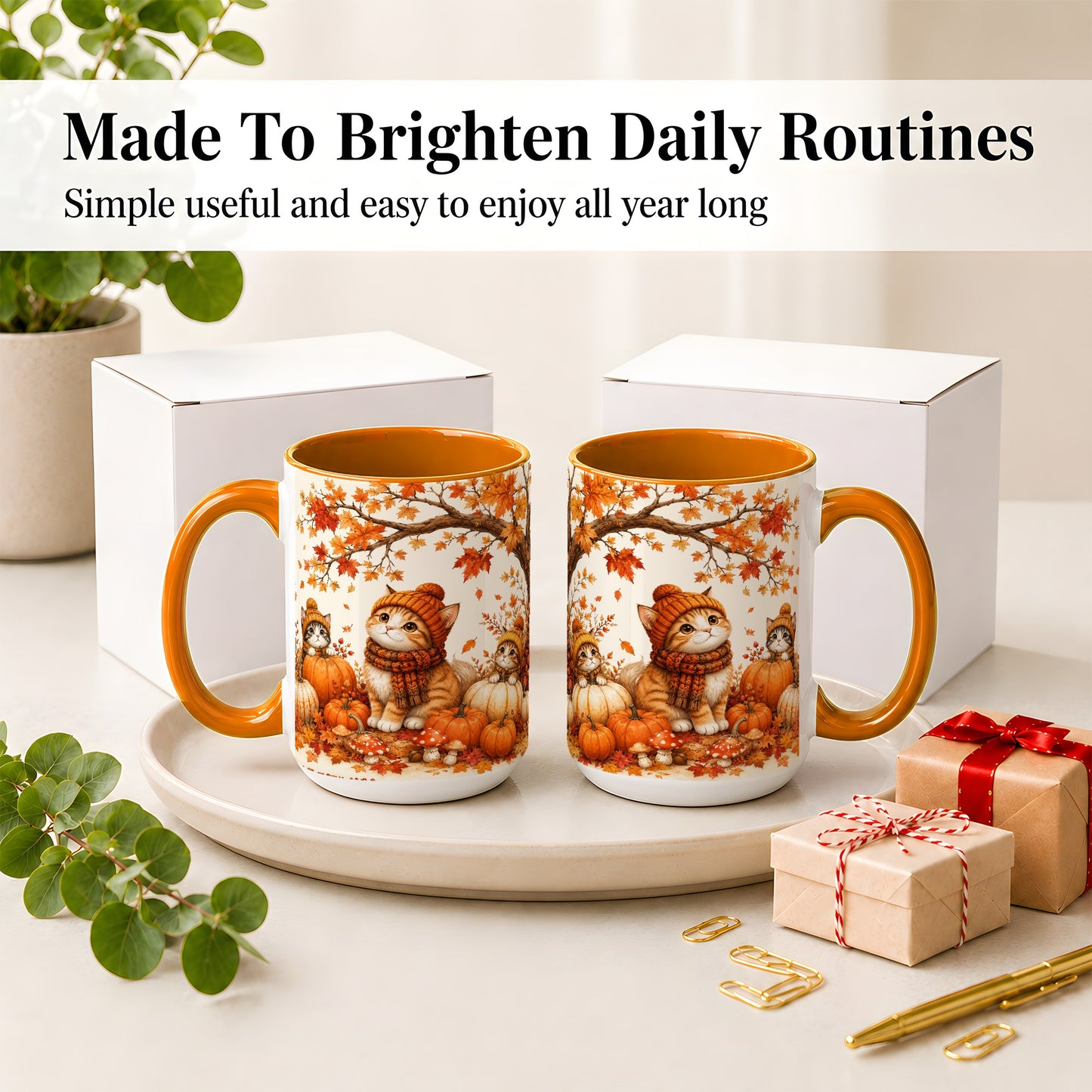 #pl[15oz|Orange] Autumn Kittens Accent Mug, Mug with Pumpkins and Mushrooms Art