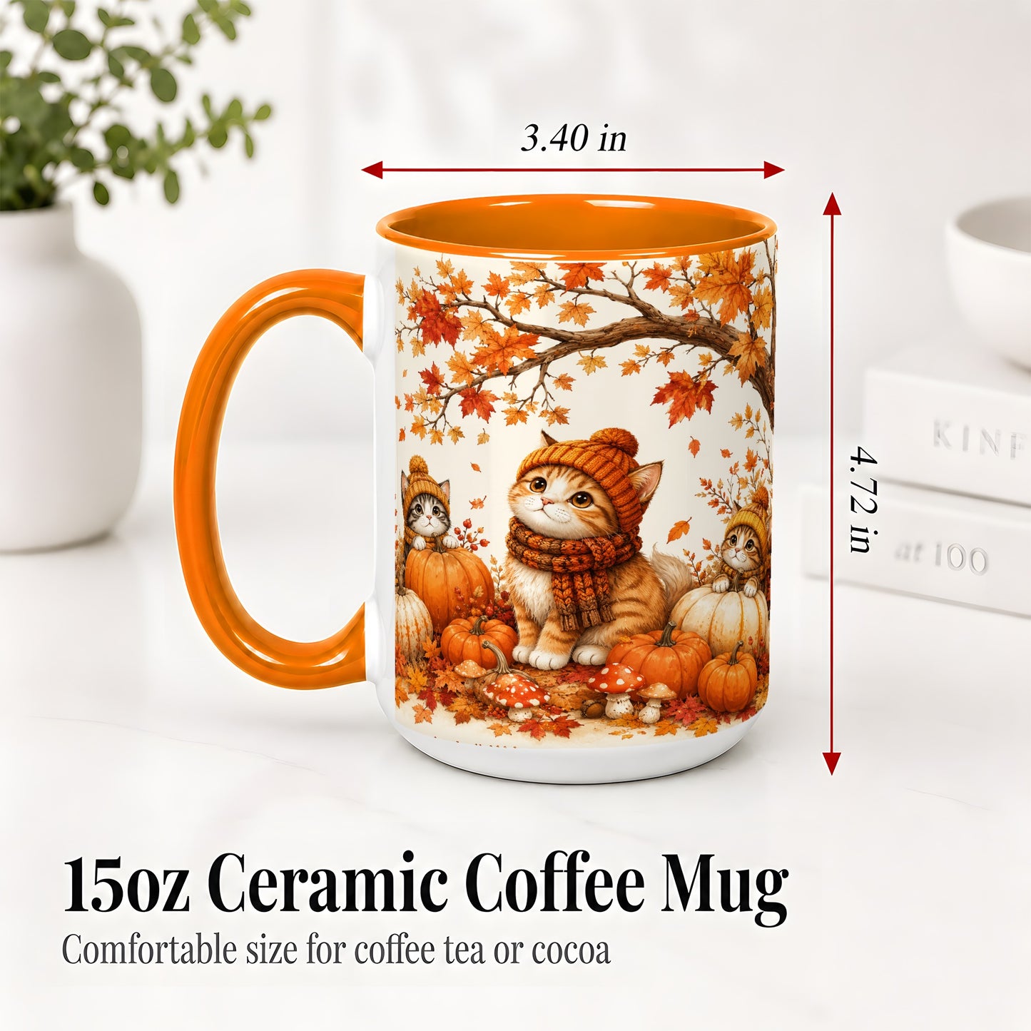 #pl[15oz|Orange] Autumn Kittens Accent Mug, Mug with Pumpkins and Mushrooms Art