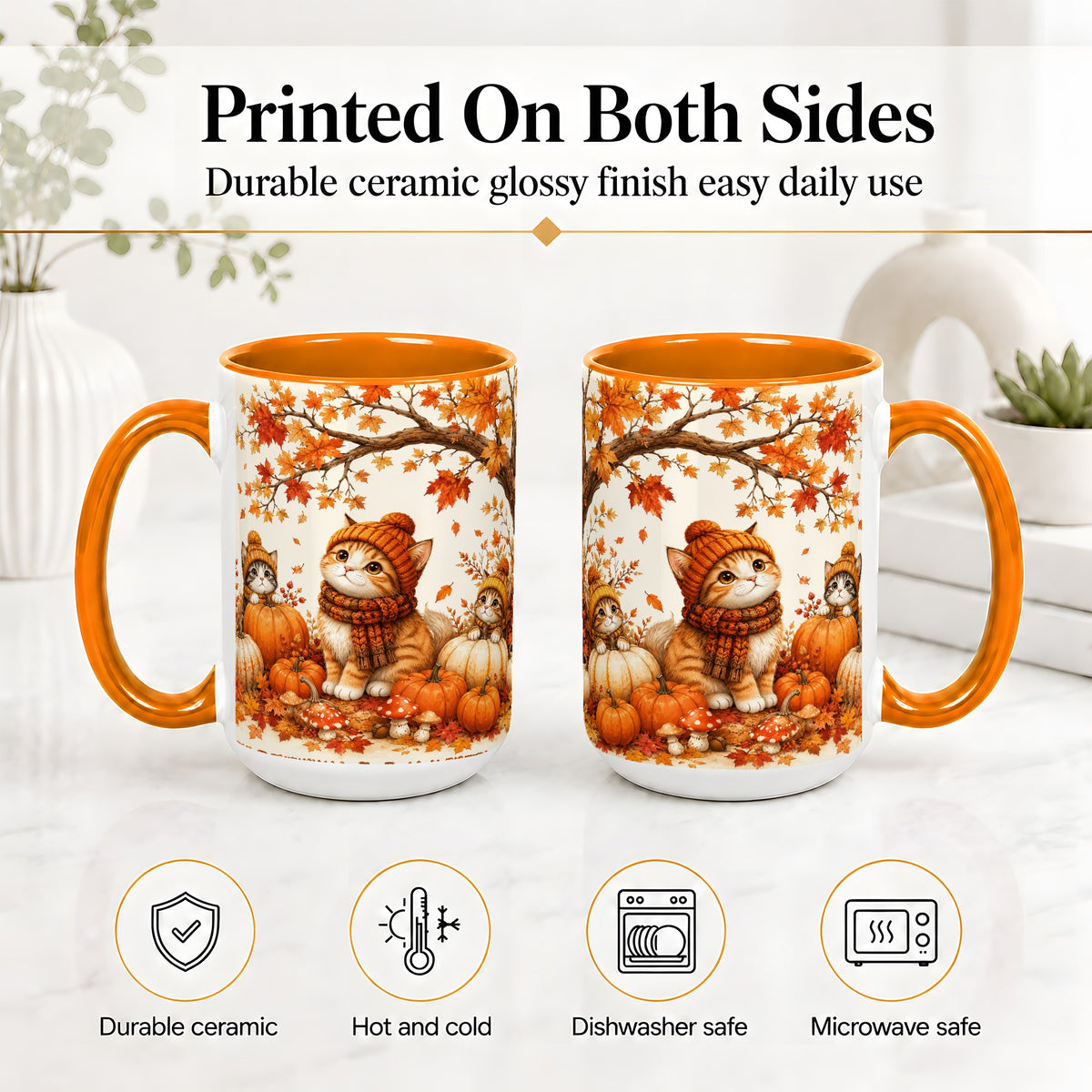 #pl[15oz|Orange] Autumn Kittens Accent Mug, Mug with Pumpkins and Mushrooms Art