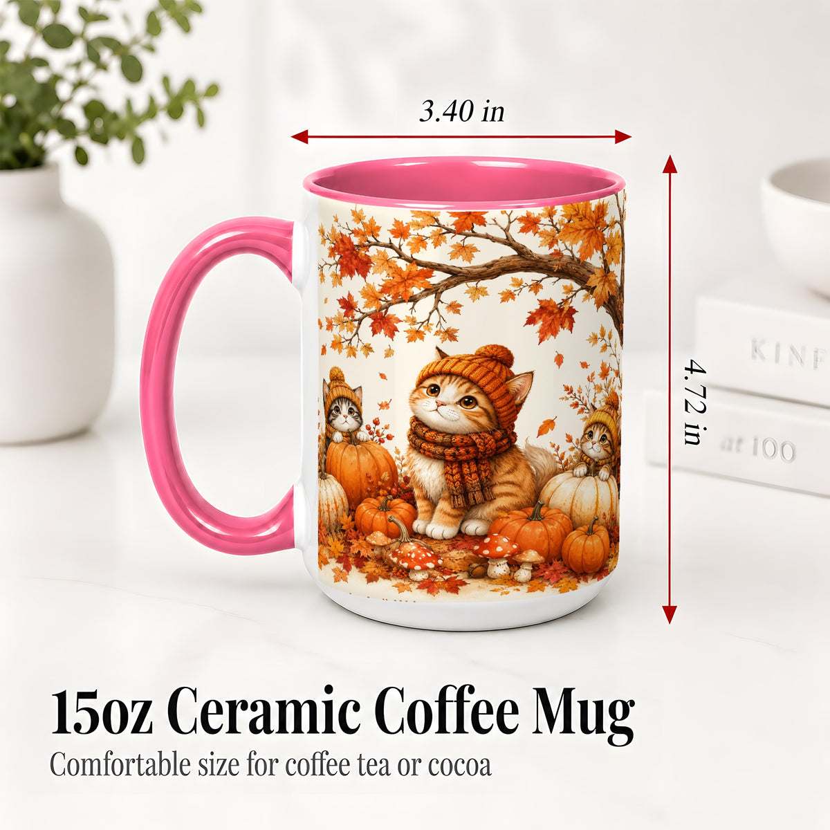 #pl[15oz|Pink] Autumn Kittens Accent Mug, Mug with Pumpkins and Mushrooms Art