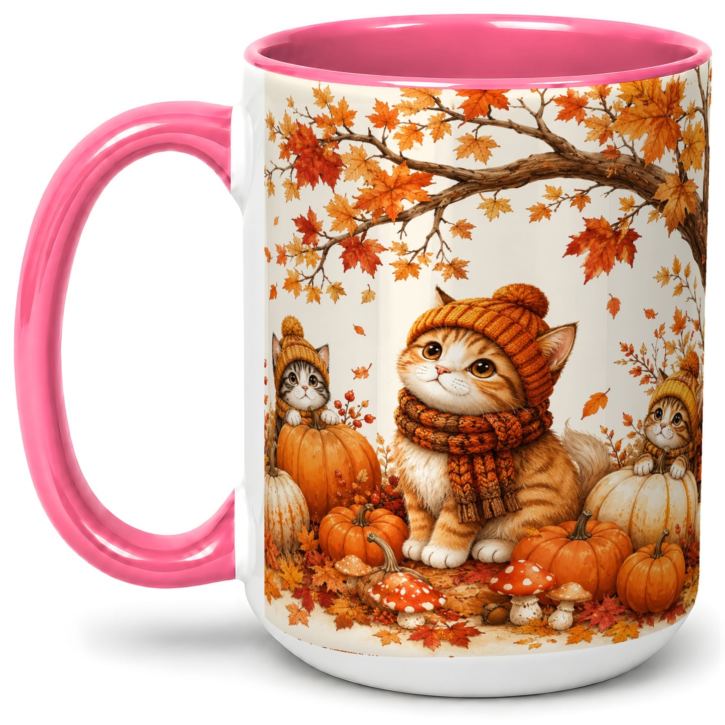 #pl[15oz|Pink] Autumn Kittens Accent Mug, Mug with Pumpkins and Mushrooms Art