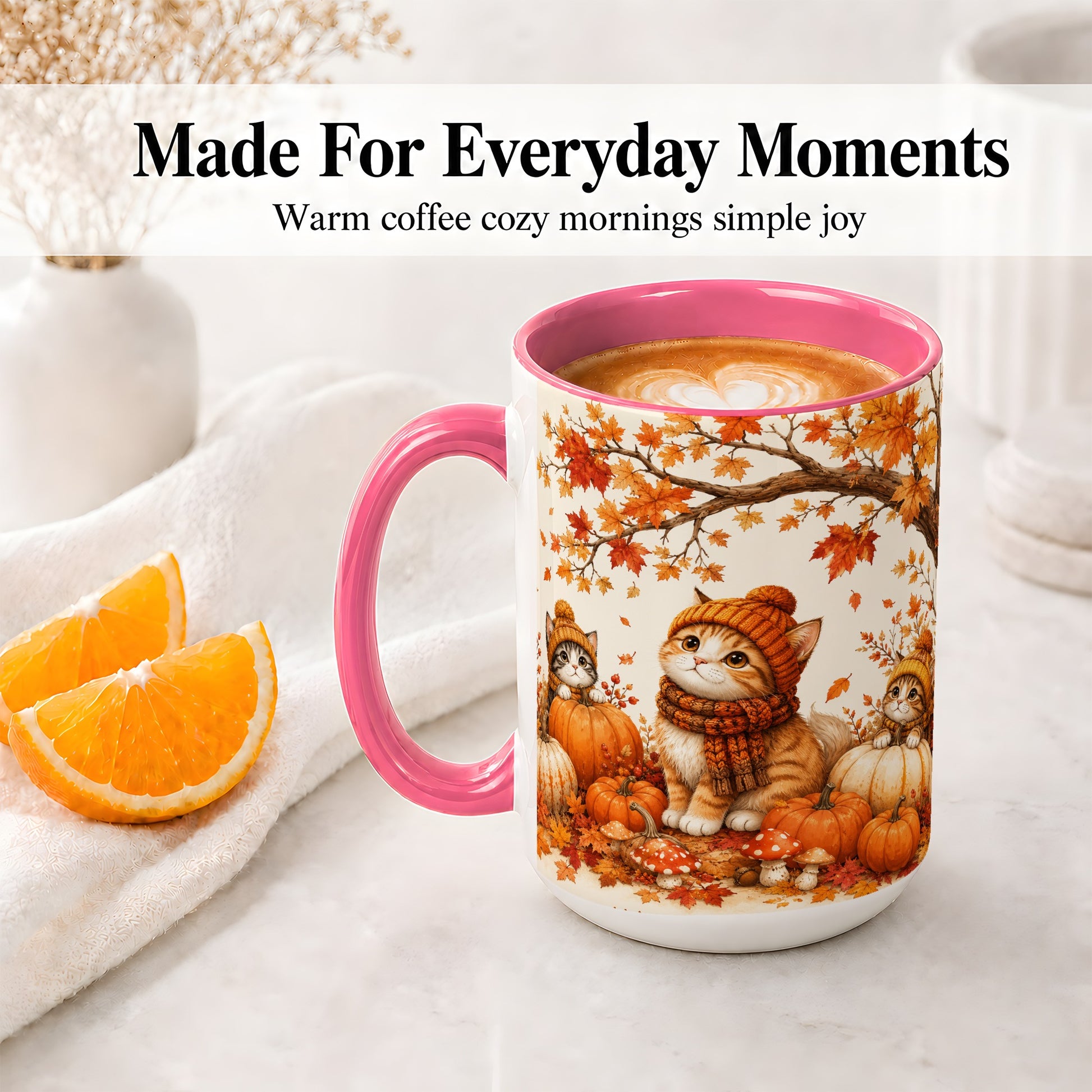 #pl[15oz|Pink] Autumn Kittens Accent Mug, Mug with Pumpkins and Mushrooms Art