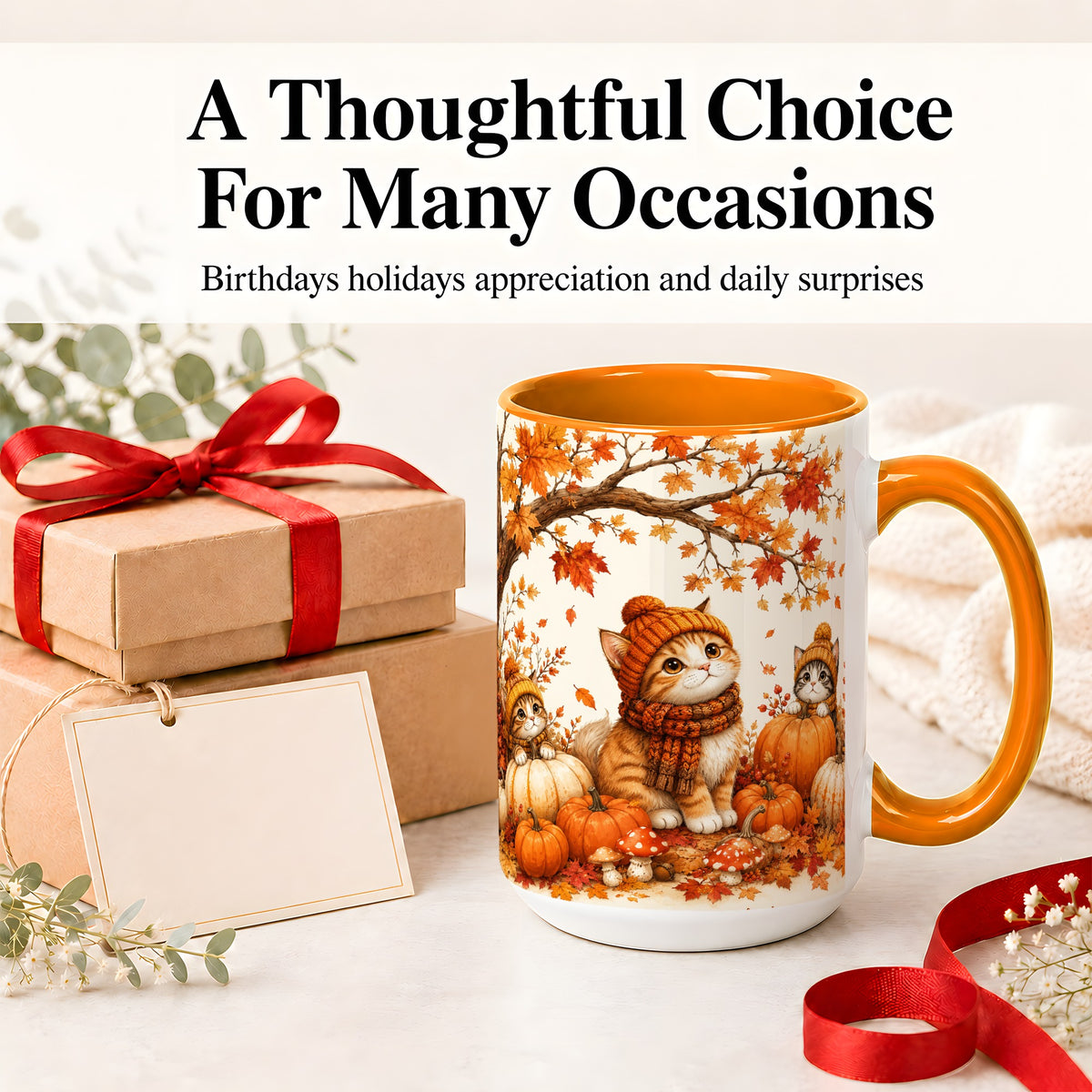 #pl[15oz|Orange] Autumn Kittens Accent Mug, Mug with Pumpkins and Mushrooms Art