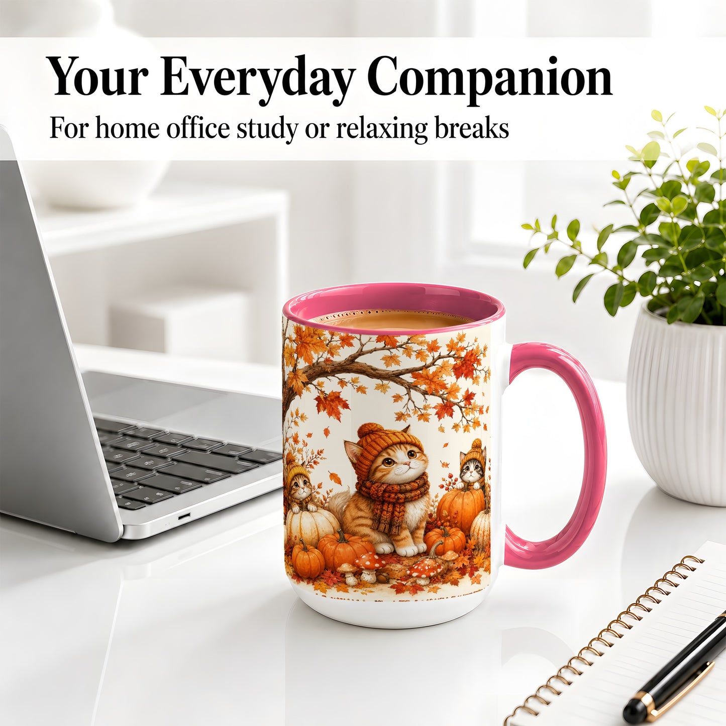 #pl[15oz|Pink] Autumn Kittens Accent Mug, Mug with Pumpkins and Mushrooms Art