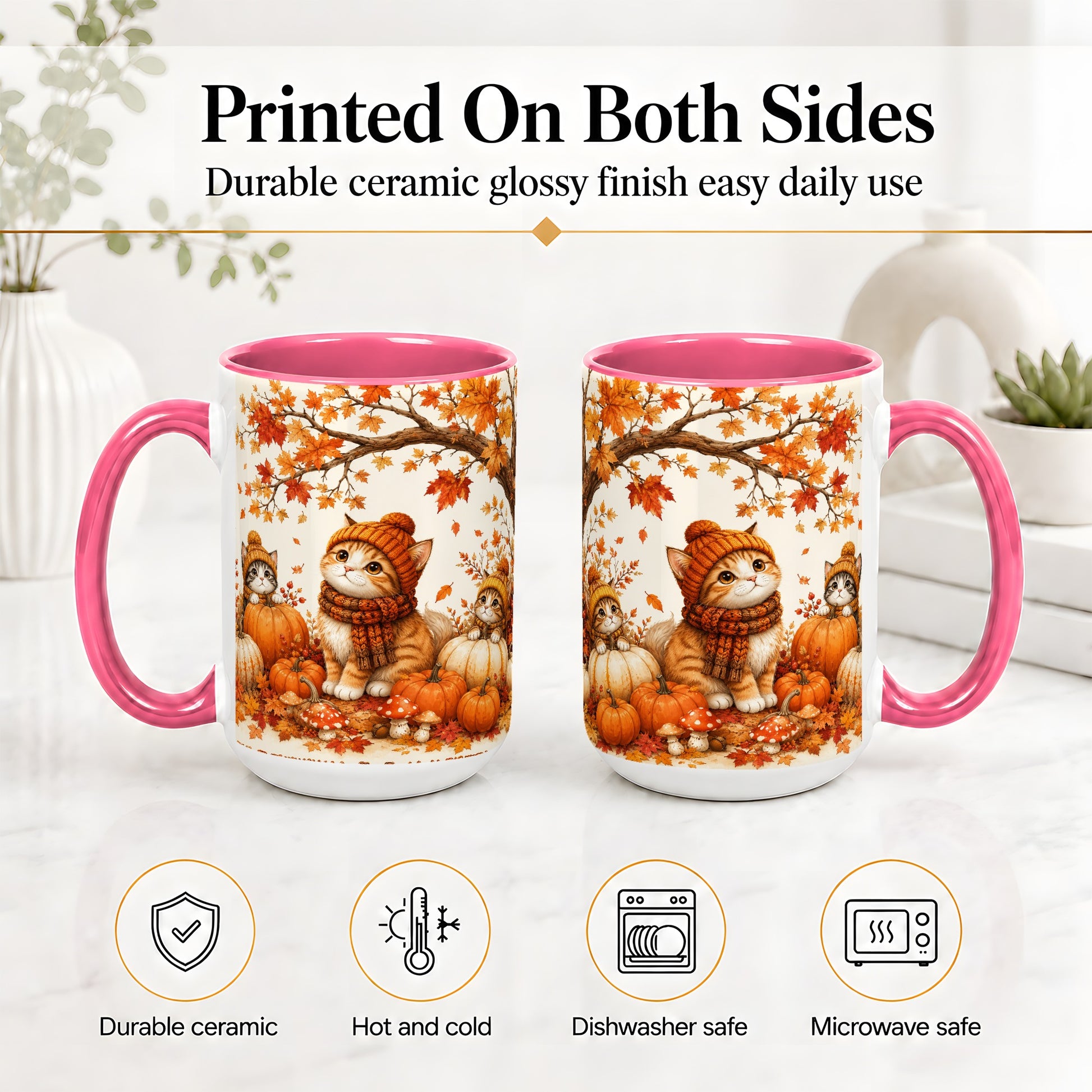 #pl[15oz|Pink] Autumn Kittens Accent Mug, Mug with Pumpkins and Mushrooms Art