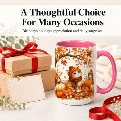 #pl[15oz|Pink] Autumn Kittens Accent Mug, Mug with Pumpkins and Mushrooms Art