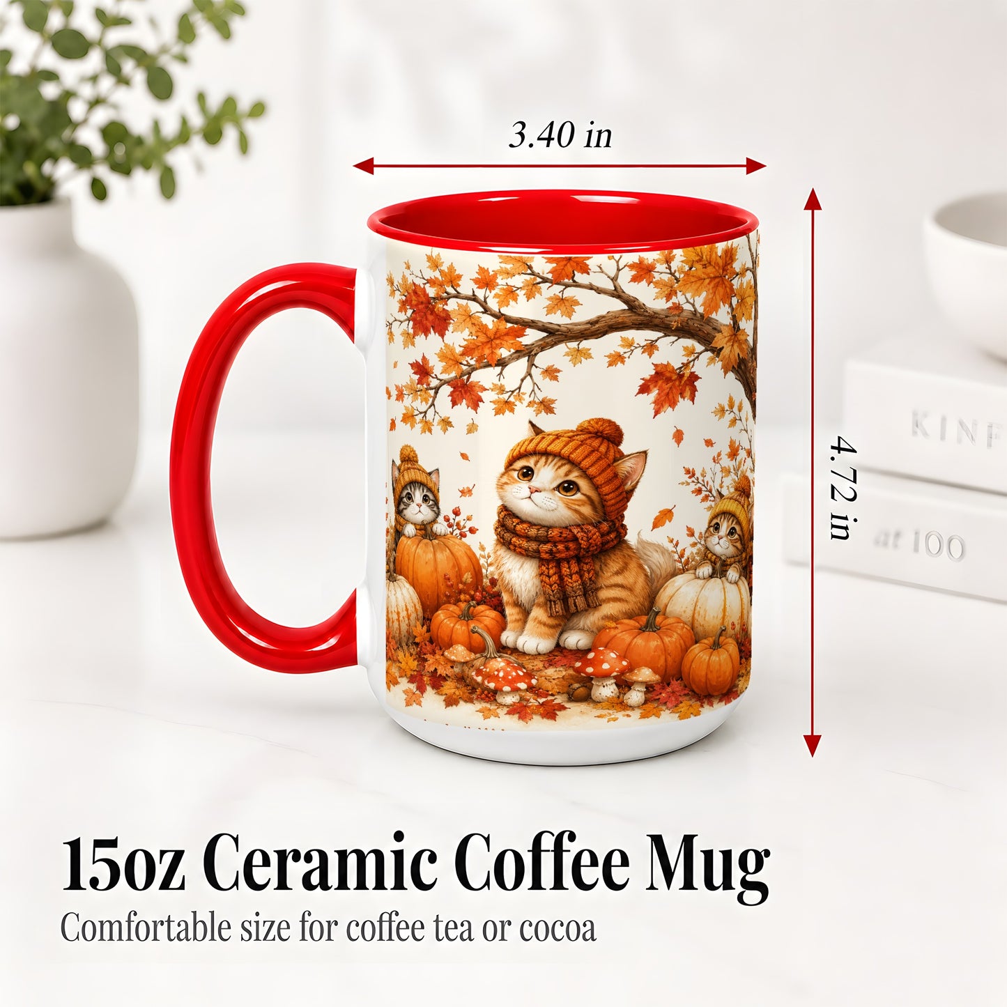 #pl[15oz|Red] Autumn Kittens Accent Mug, Mug with Pumpkins and Mushrooms Art