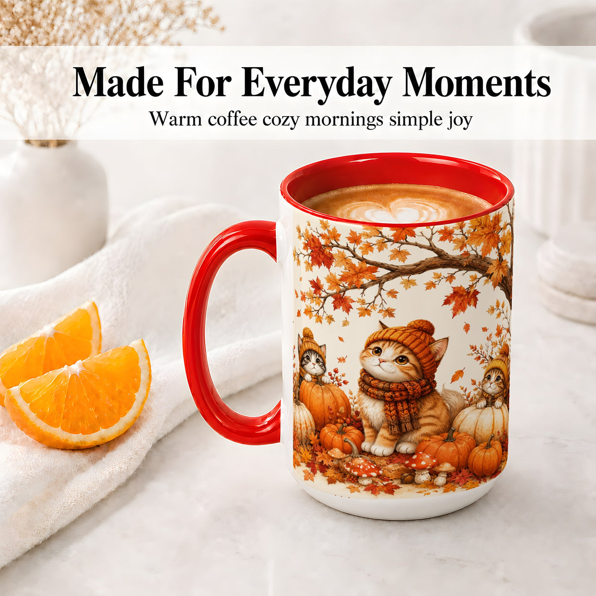 #pl[15oz|Red] Autumn Kittens Accent Mug, Mug with Pumpkins and Mushrooms Art