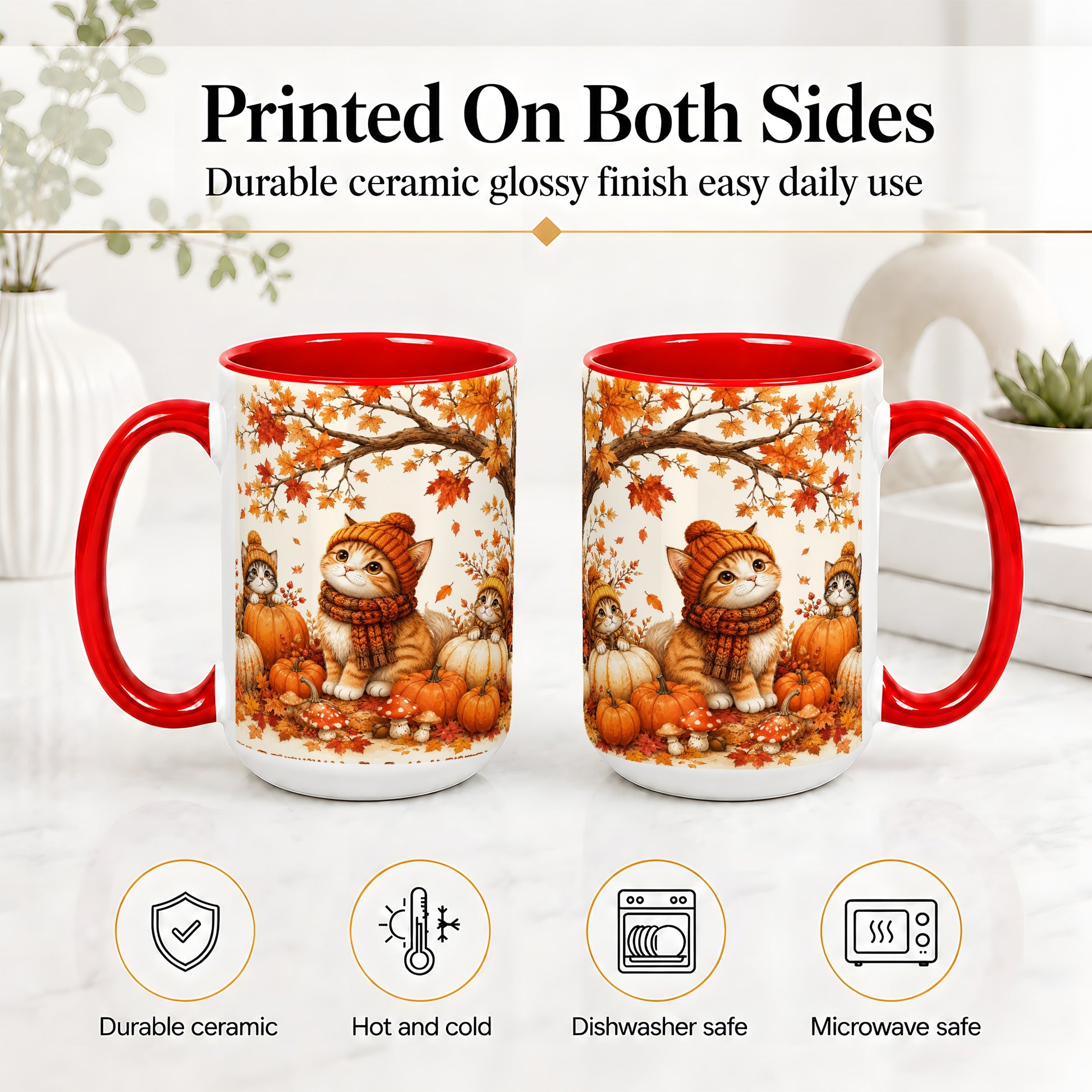 #pl[15oz|Red] Autumn Kittens Accent Mug, Mug with Pumpkins and Mushrooms Art