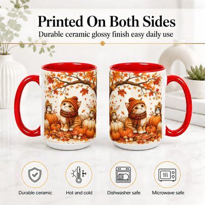 #pl[15oz|Red] Autumn Kittens Accent Mug, Mug with Pumpkins and Mushrooms Art