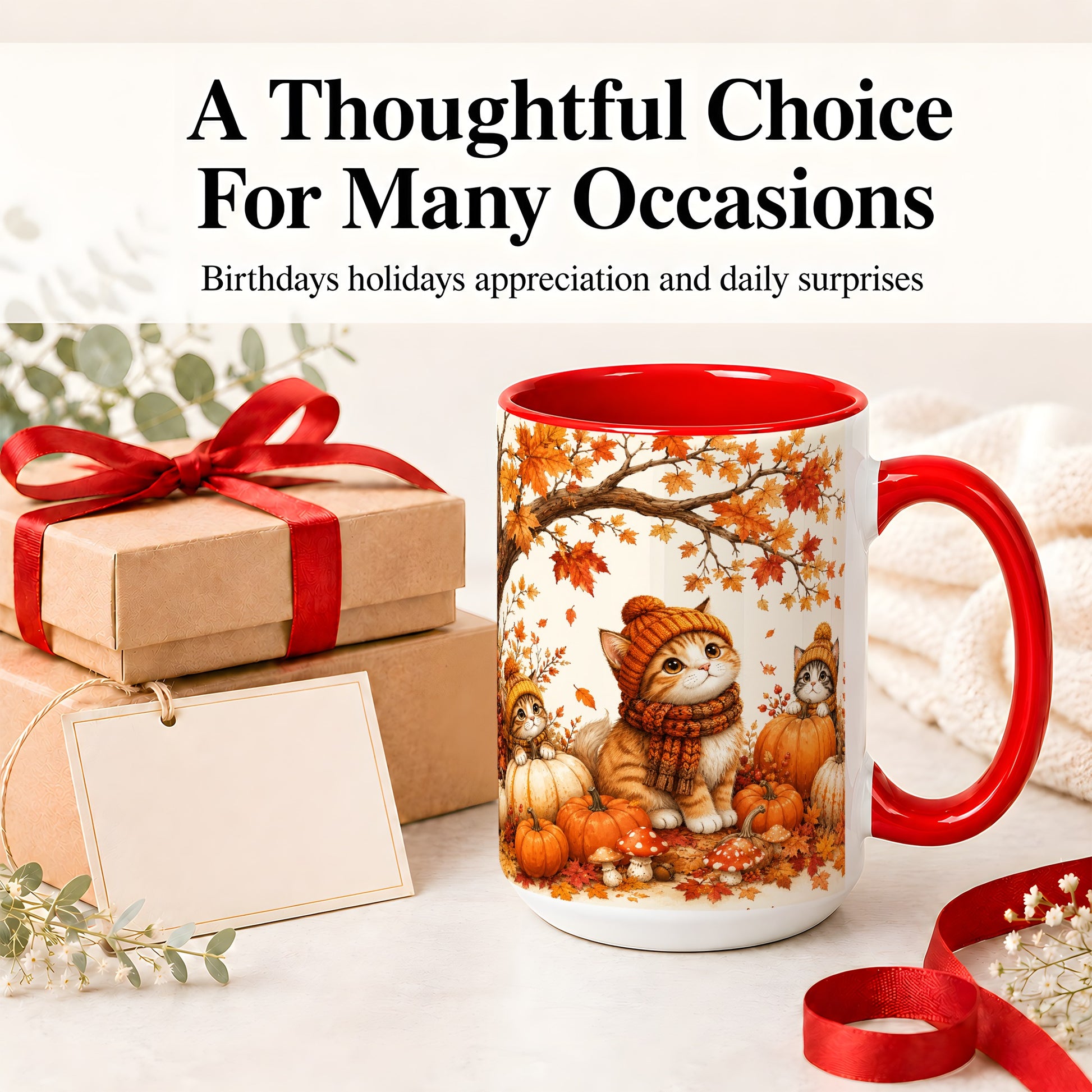 #pl[15oz|Red] Autumn Kittens Accent Mug, Mug with Pumpkins and Mushrooms Art