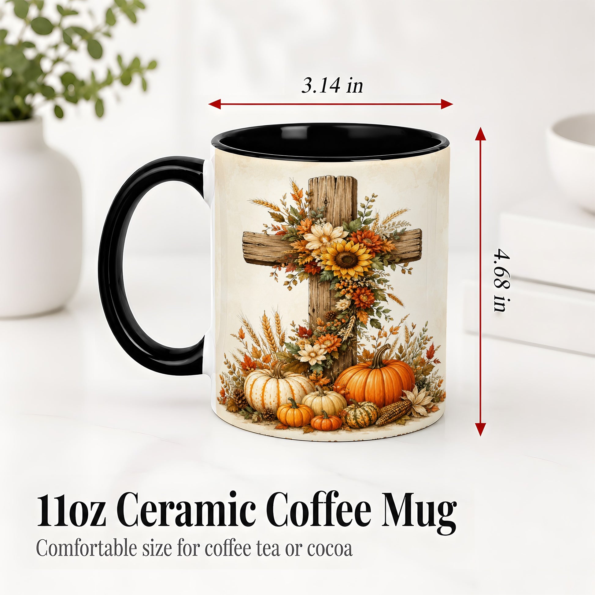 #pl[11oz|Black] Autumn Cross Accent Mug, Mug with Sunflowers and Pumpkins Art