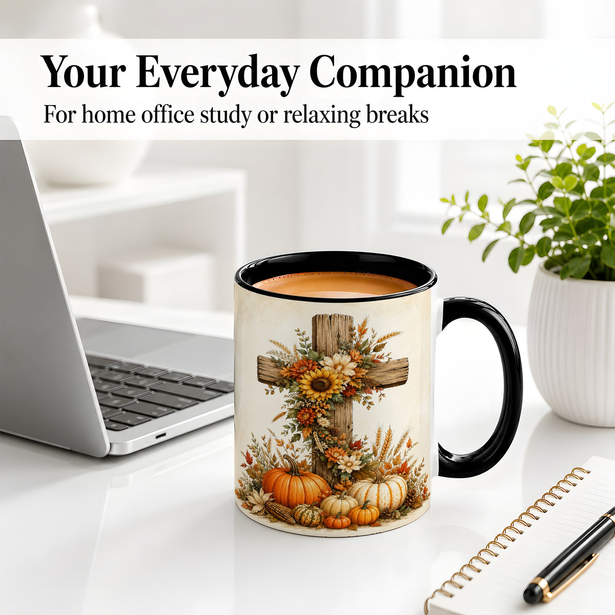 #pl[11oz|Black] Autumn Cross Accent Mug, Mug with Sunflowers and Pumpkins Art