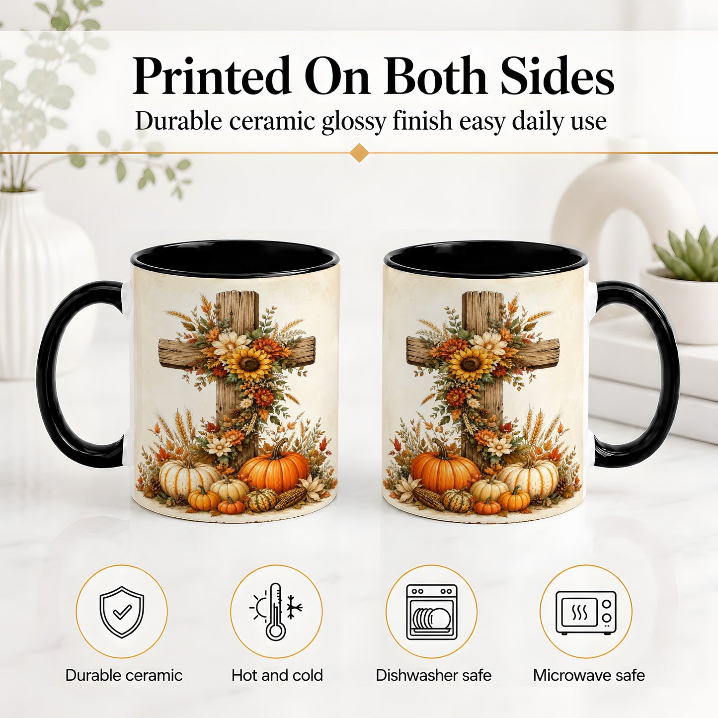 #pl[11oz|Black] Autumn Cross Accent Mug, Mug with Sunflowers and Pumpkins Art