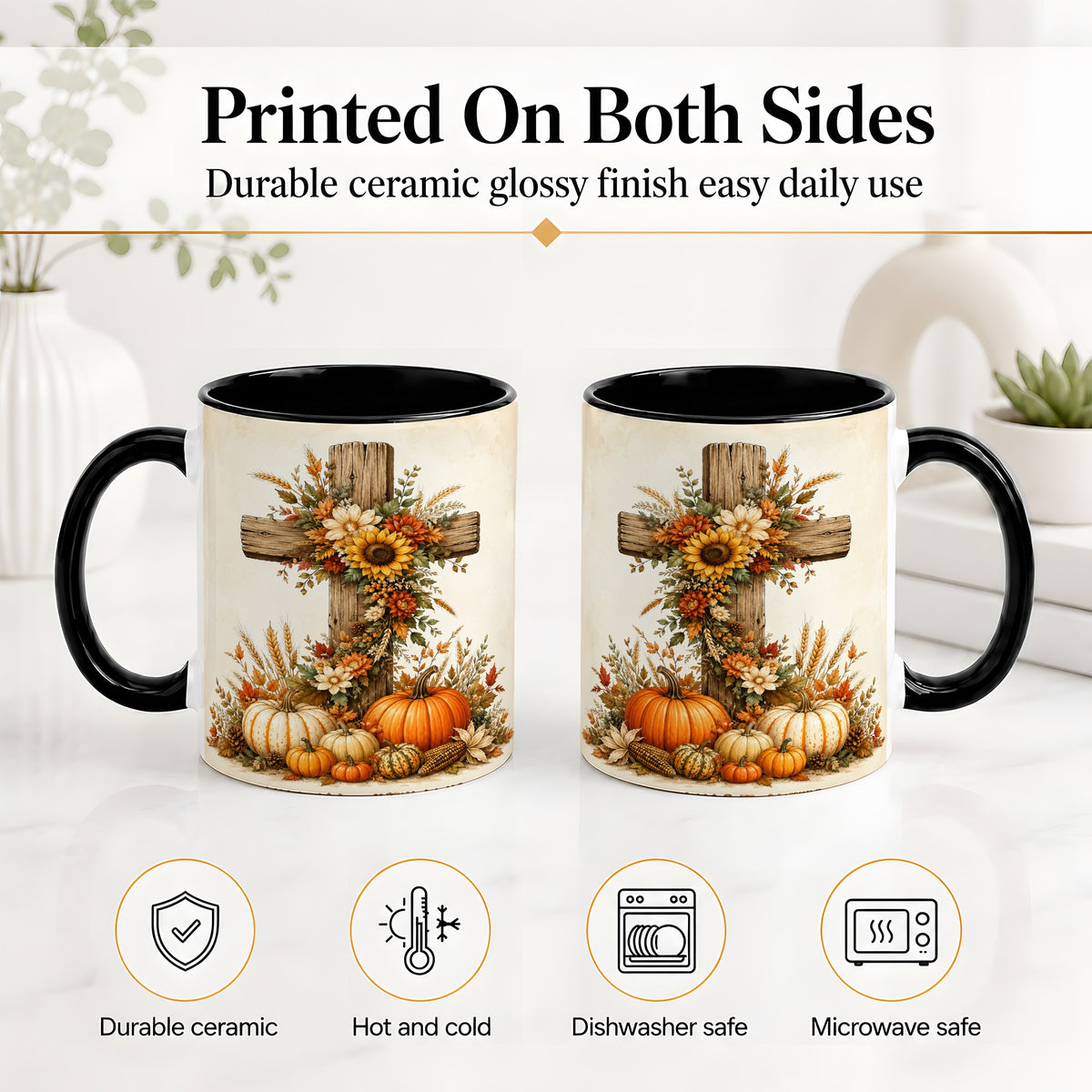 #pl[11oz|Black] Autumn Cross Accent Mug, Mug with Sunflowers and Pumpkins Art