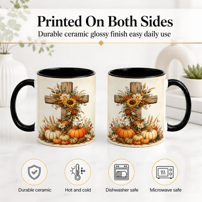 #pl[11oz|Black] Autumn Cross Accent Mug, Mug with Sunflowers and Pumpkins Art