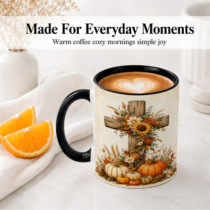 #pl[11oz|Black] Autumn Cross Accent Mug, Mug with Sunflowers and Pumpkins Art