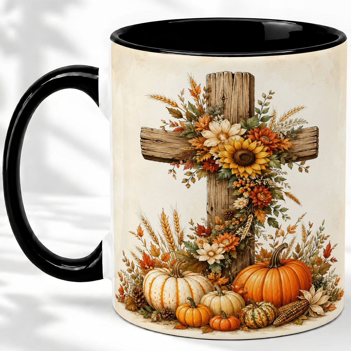 #pl[11oz|Black] Autumn Cross Accent Mug, Mug with Sunflowers and Pumpkins Art