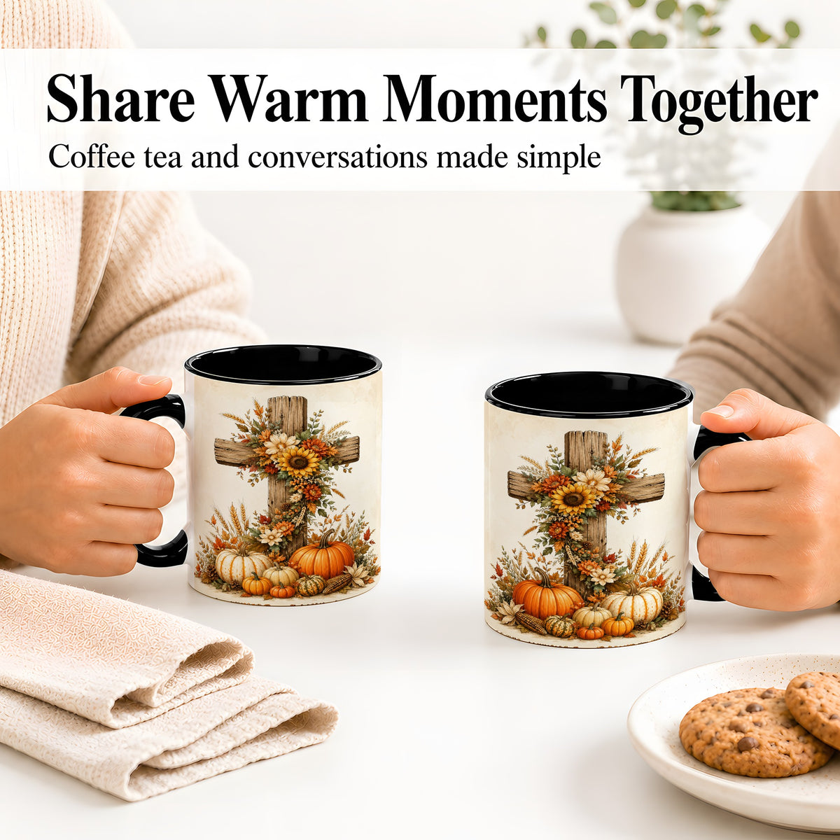 #pl[11oz|Black] Autumn Cross Accent Mug, Mug with Sunflowers and Pumpkins Art