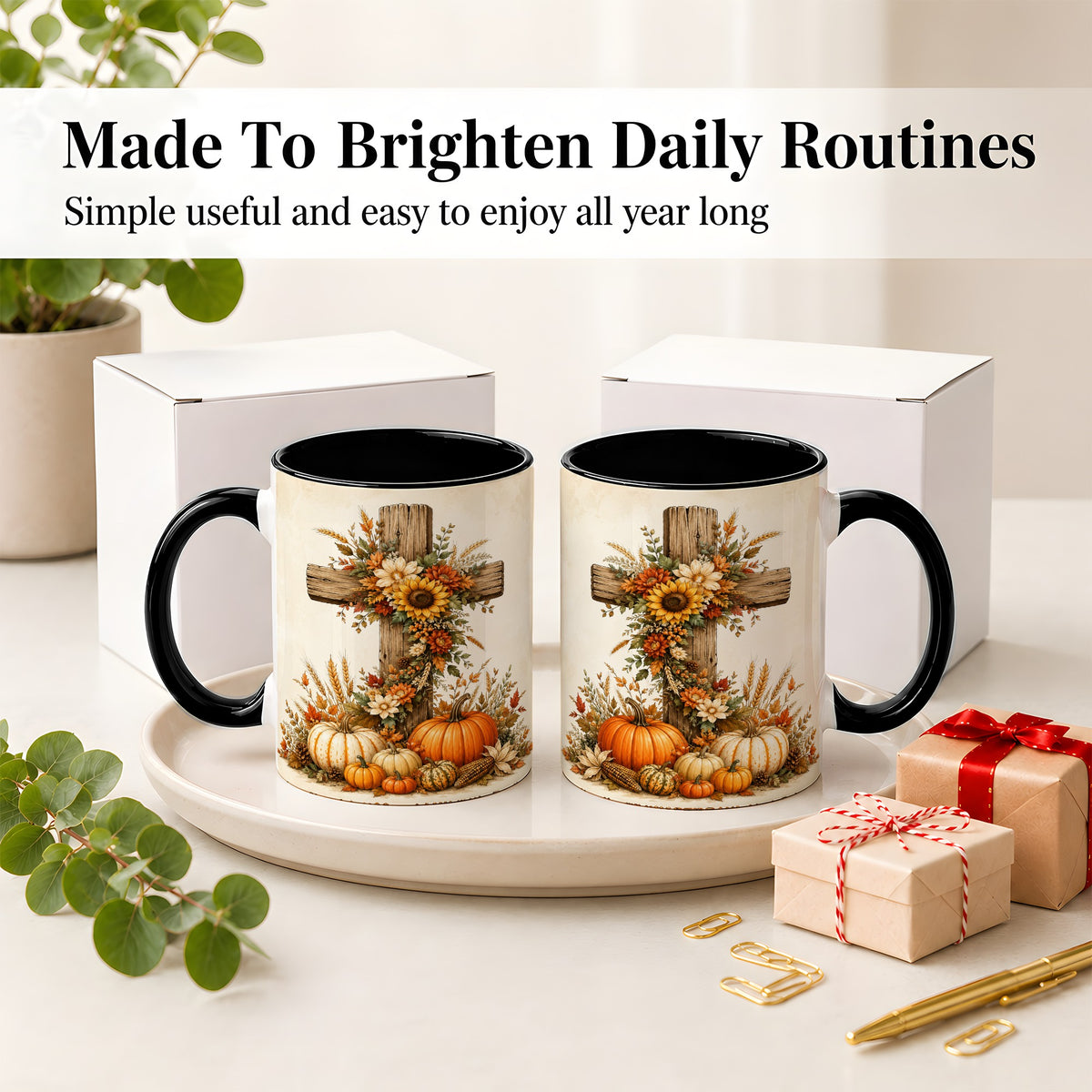 #pl[11oz|Black] Autumn Cross Accent Mug, Mug with Sunflowers and Pumpkins Art