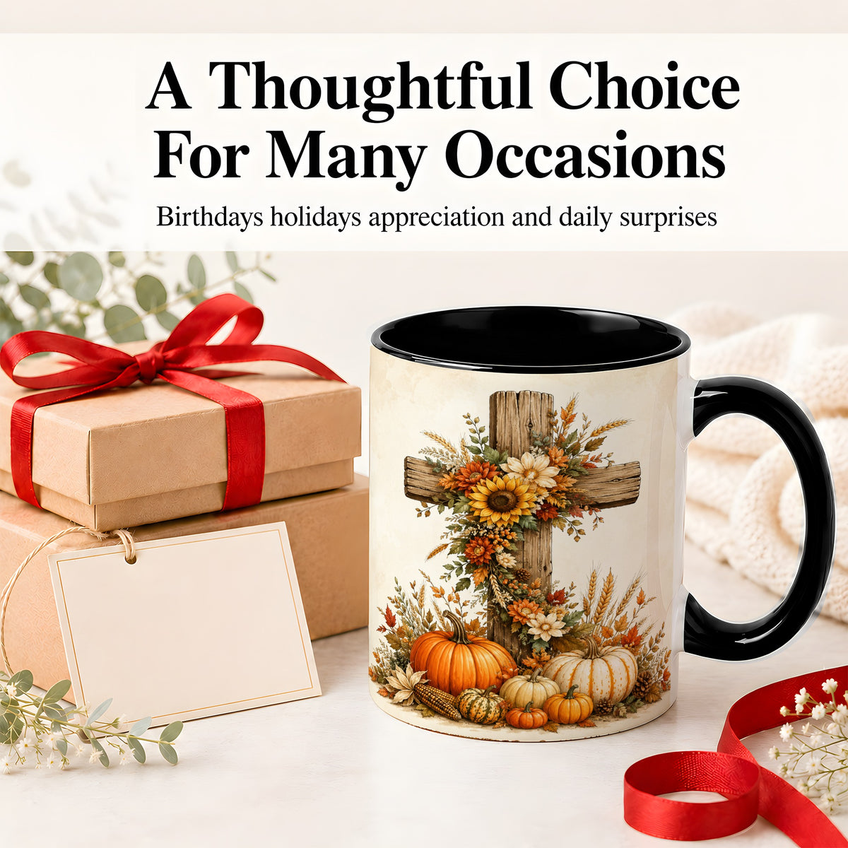 #pl[11oz|Black] Autumn Cross Accent Mug, Mug with Sunflowers and Pumpkins Art