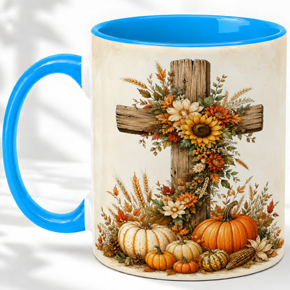 #pl[11oz|Blue] Autumn Cross Accent Mug, Mug with Sunflowers and Pumpkins Art