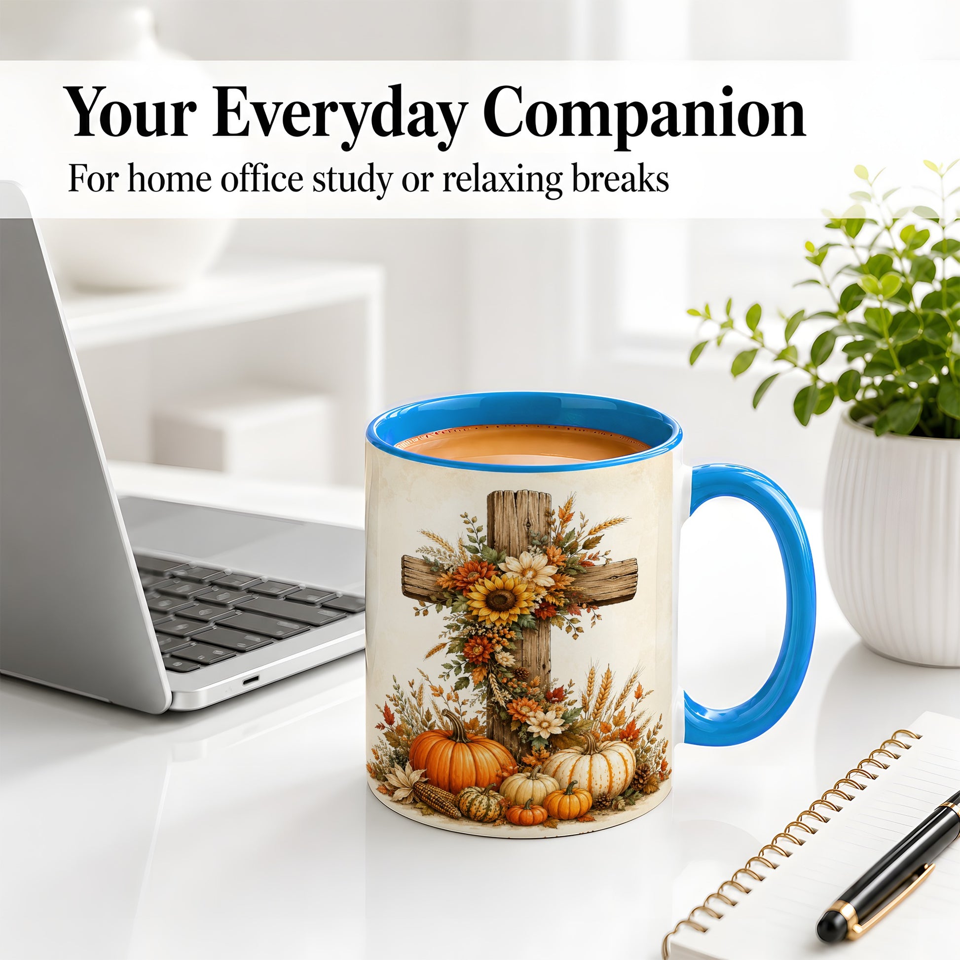 #pl[11oz|Blue] Autumn Cross Accent Mug, Mug with Sunflowers and Pumpkins Art