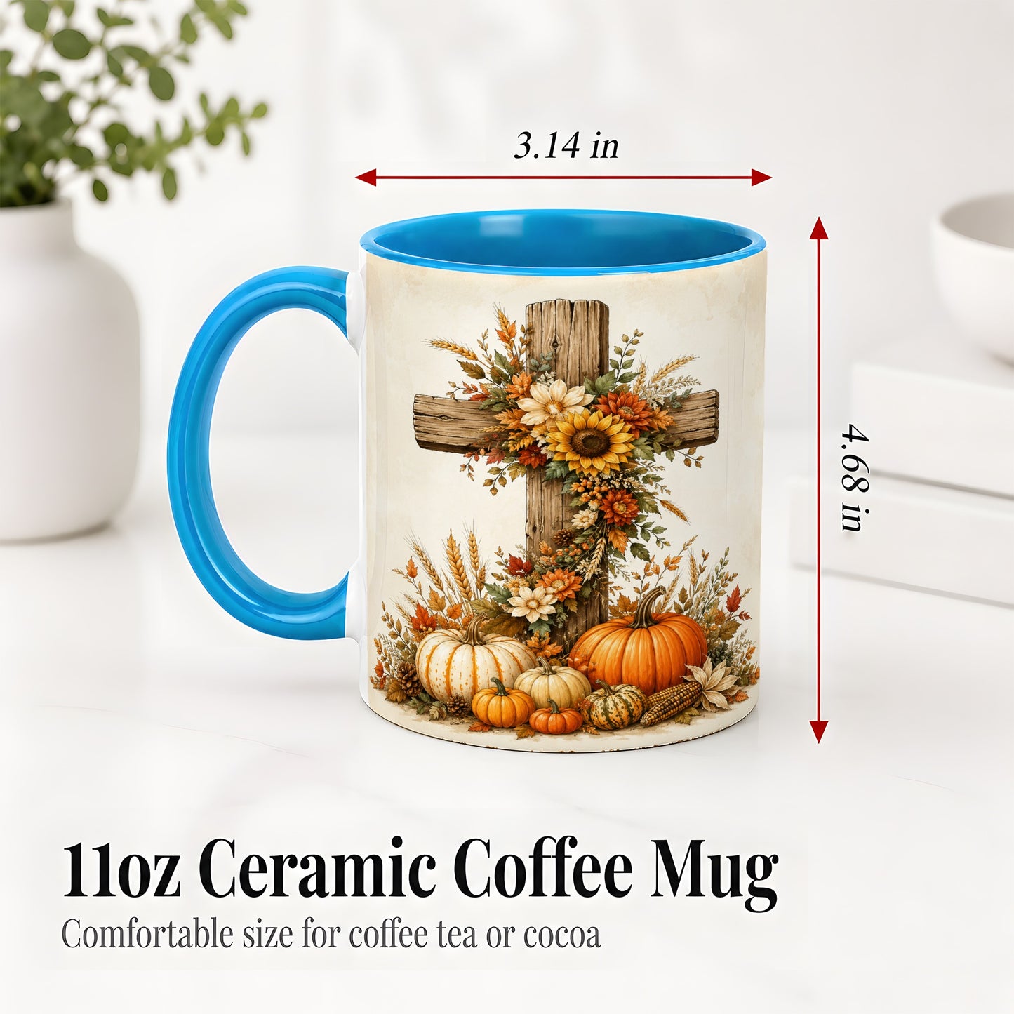 #pl[11oz|Blue] Autumn Cross Accent Mug, Mug with Sunflowers and Pumpkins Art