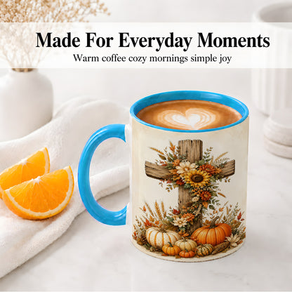 #pl[11oz|Blue] Autumn Cross Accent Mug, Mug with Sunflowers and Pumpkins Art