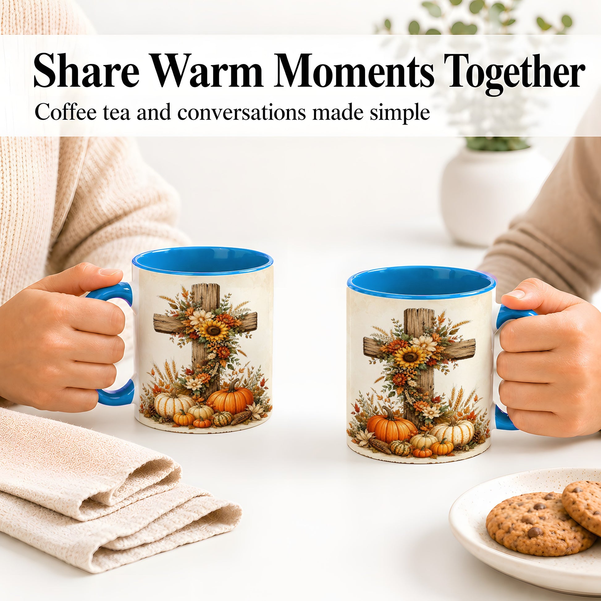 #pl[11oz|Blue] Autumn Cross Accent Mug, Mug with Sunflowers and Pumpkins Art
