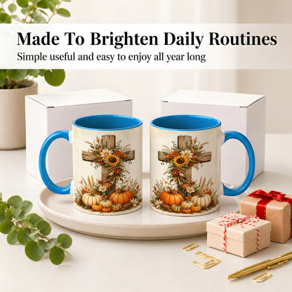 #pl[11oz|Blue] Autumn Cross Accent Mug, Mug with Sunflowers and Pumpkins Art