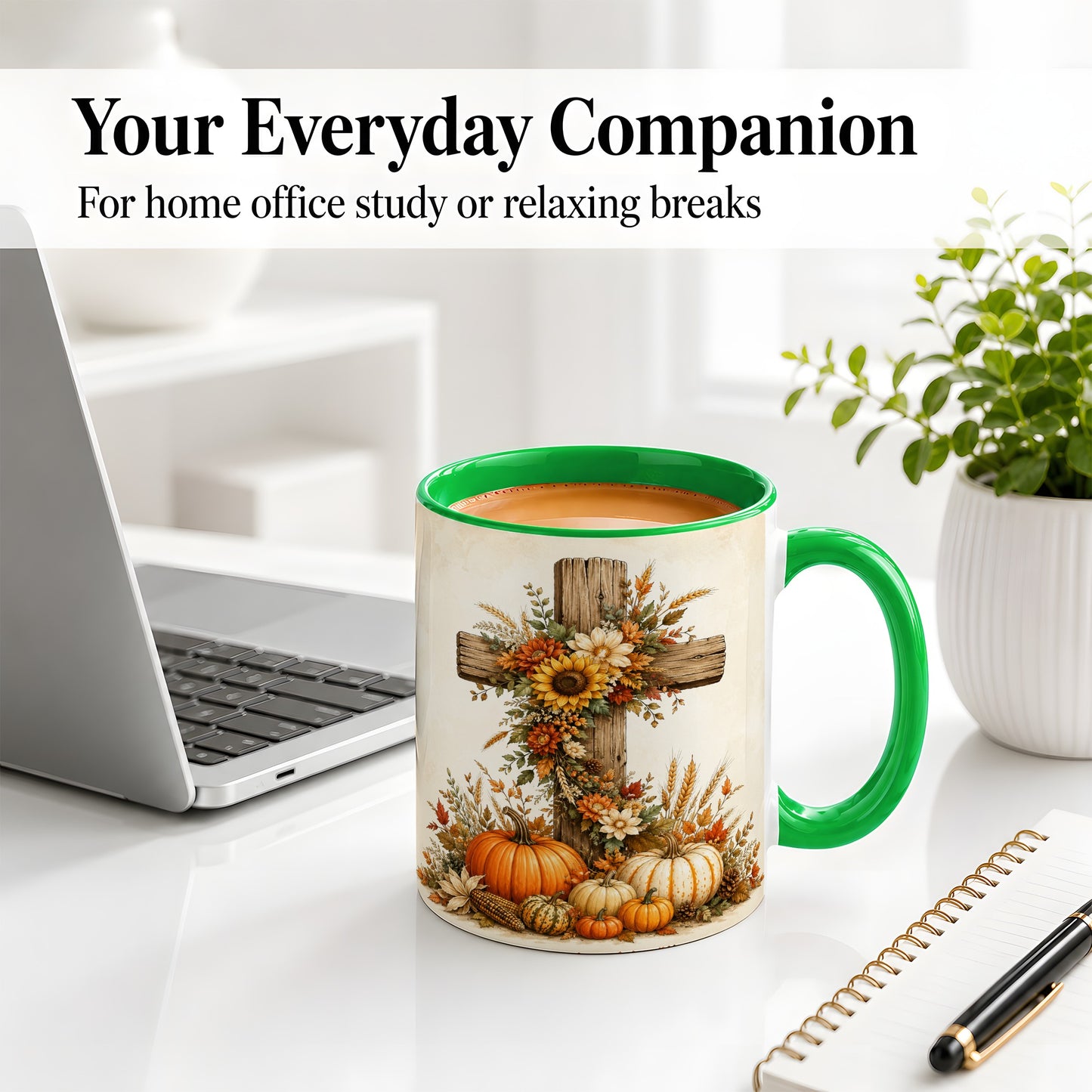 #pl[11oz|Green] Autumn Cross Accent Mug, Mug with Sunflowers and Pumpkins Art