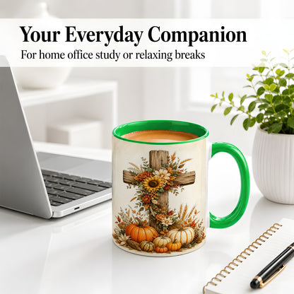 #pl[11oz|Green] Autumn Cross Accent Mug, Mug with Sunflowers and Pumpkins Art