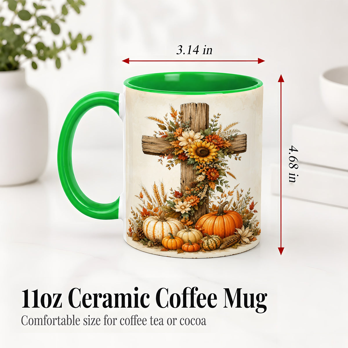 #pl[11oz|Green] Autumn Cross Accent Mug, Mug with Sunflowers and Pumpkins Art
