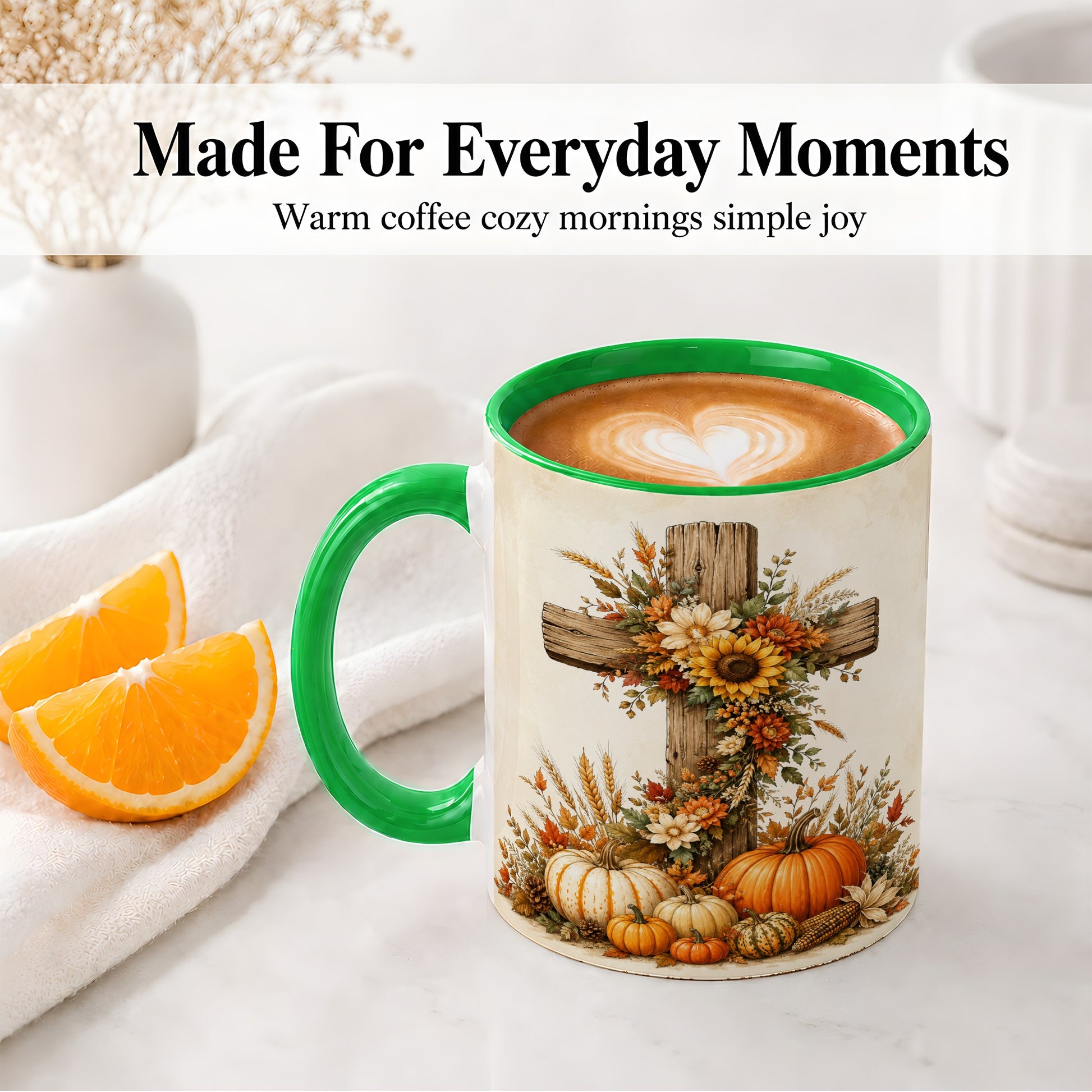 #pl[11oz|Green] Autumn Cross Accent Mug, Mug with Sunflowers and Pumpkins Art