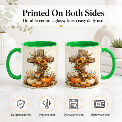 #pl[11oz|Green] Autumn Cross Accent Mug, Mug with Sunflowers and Pumpkins Art