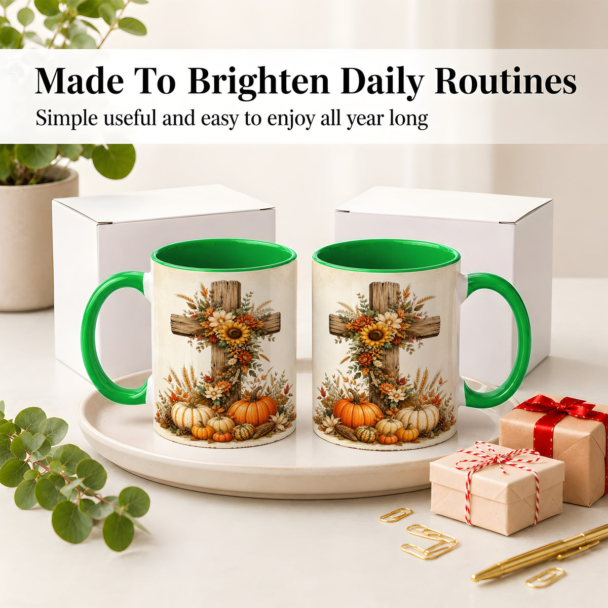 #pl[11oz|Green] Autumn Cross Accent Mug, Mug with Sunflowers and Pumpkins Art