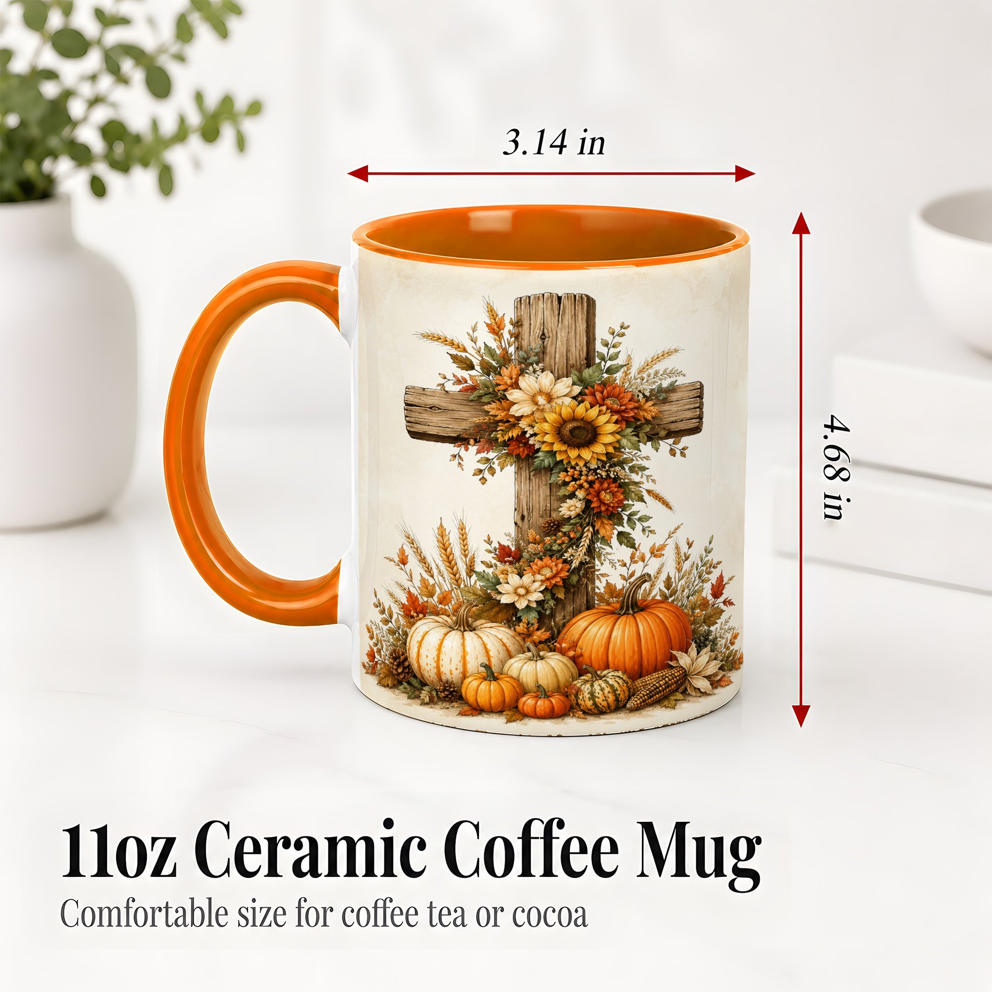 #pl[11oz|Orange] Autumn Cross Accent Mug, Mug with Sunflowers and Pumpkins Art