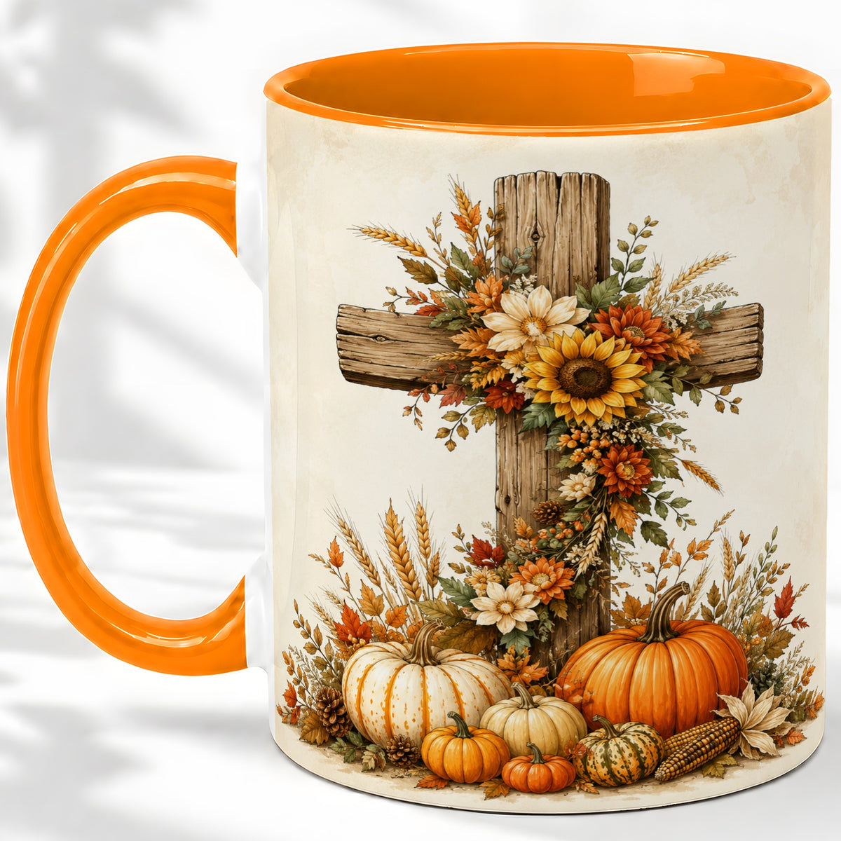 #pl[11oz|Orange] Autumn Cross Accent Mug, Mug with Sunflowers and Pumpkins Art