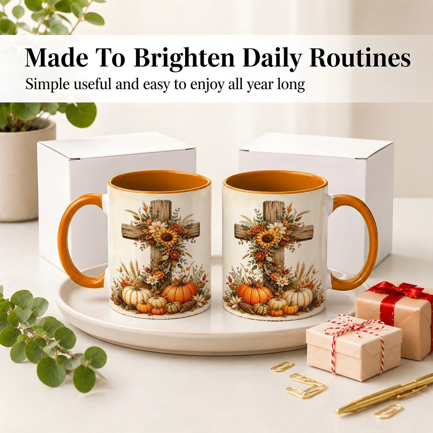 #pl[11oz|Orange] Autumn Cross Accent Mug, Mug with Sunflowers and Pumpkins Art