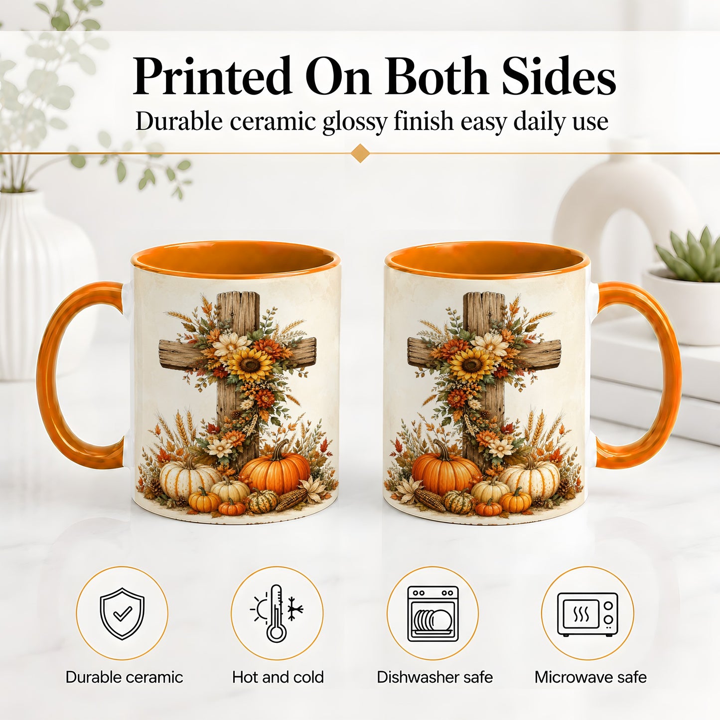 #pl[11oz|Orange] Autumn Cross Accent Mug, Mug with Sunflowers and Pumpkins Art
