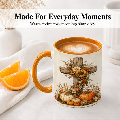 #pl[11oz|Orange] Autumn Cross Accent Mug, Mug with Sunflowers and Pumpkins Art