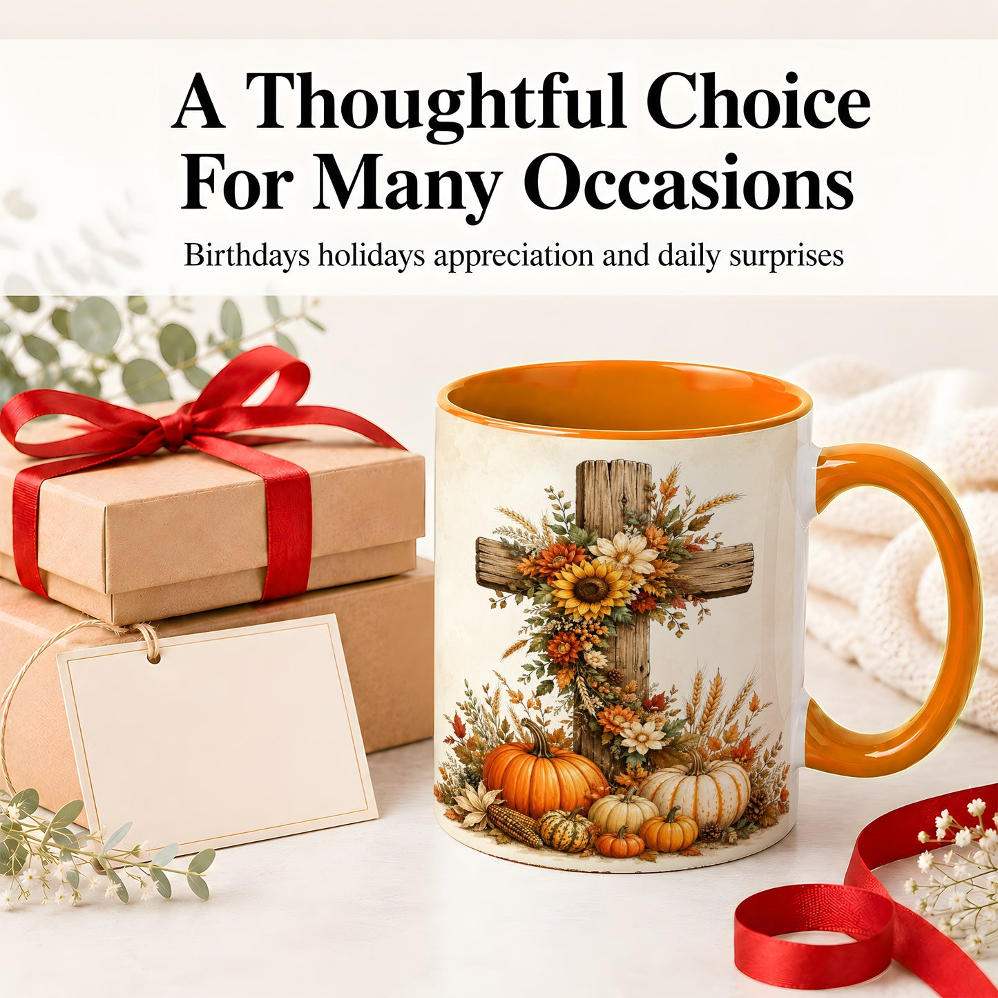 #pl[11oz|Orange] Autumn Cross Accent Mug, Mug with Sunflowers and Pumpkins Art
