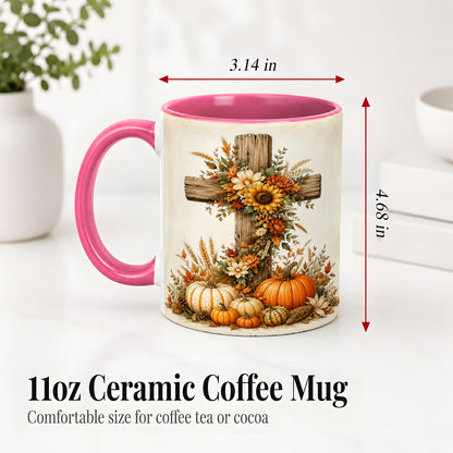 #pl[11oz|Pink] Autumn Cross Accent Mug, Mug with Sunflowers and Pumpkins Art