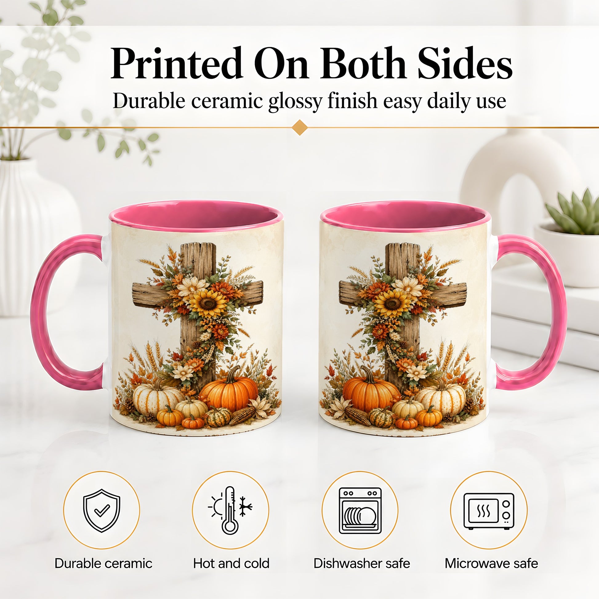 #pl[11oz|Pink] Autumn Cross Accent Mug, Mug with Sunflowers and Pumpkins Art