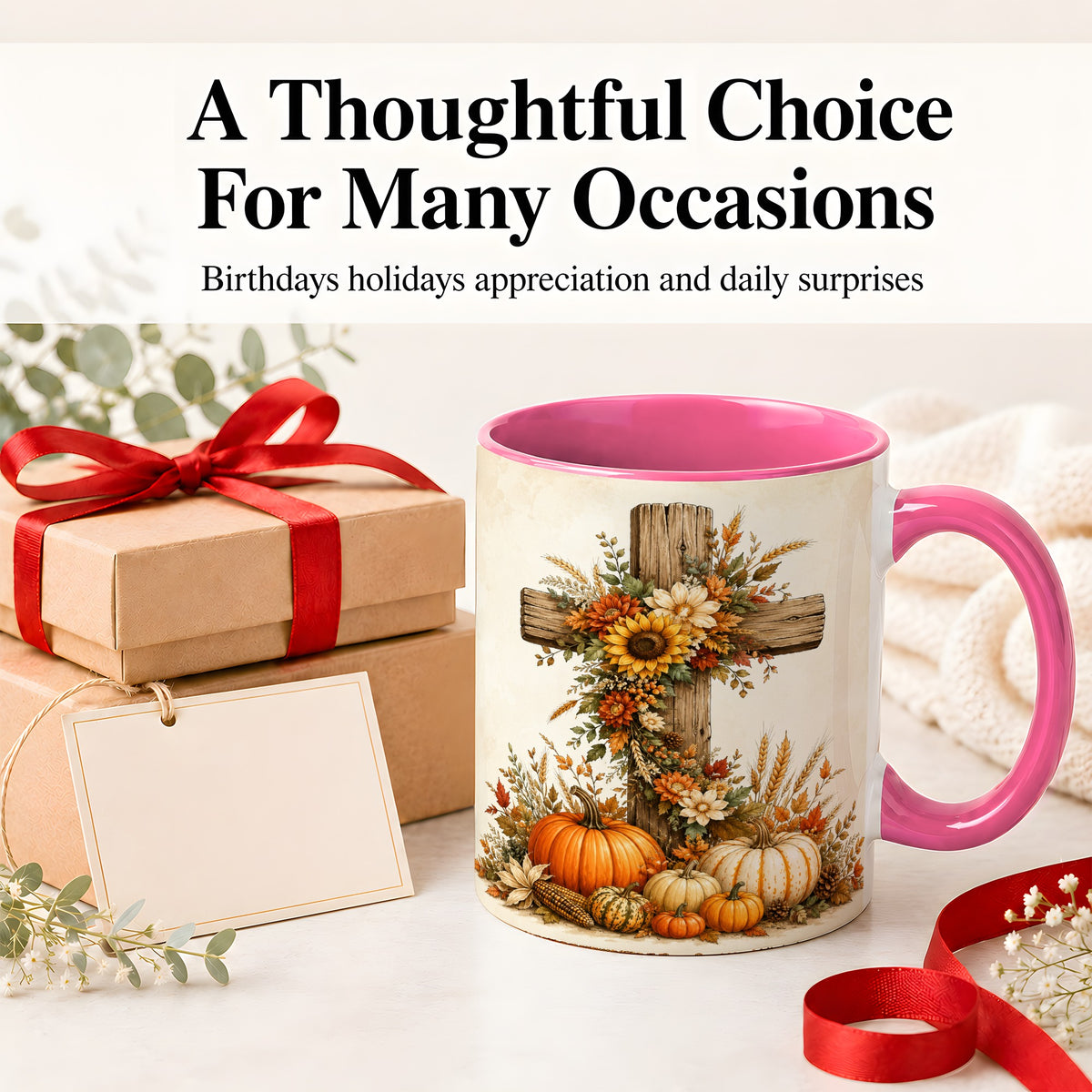 #pl[11oz|Pink] Autumn Cross Accent Mug, Mug with Sunflowers and Pumpkins Art