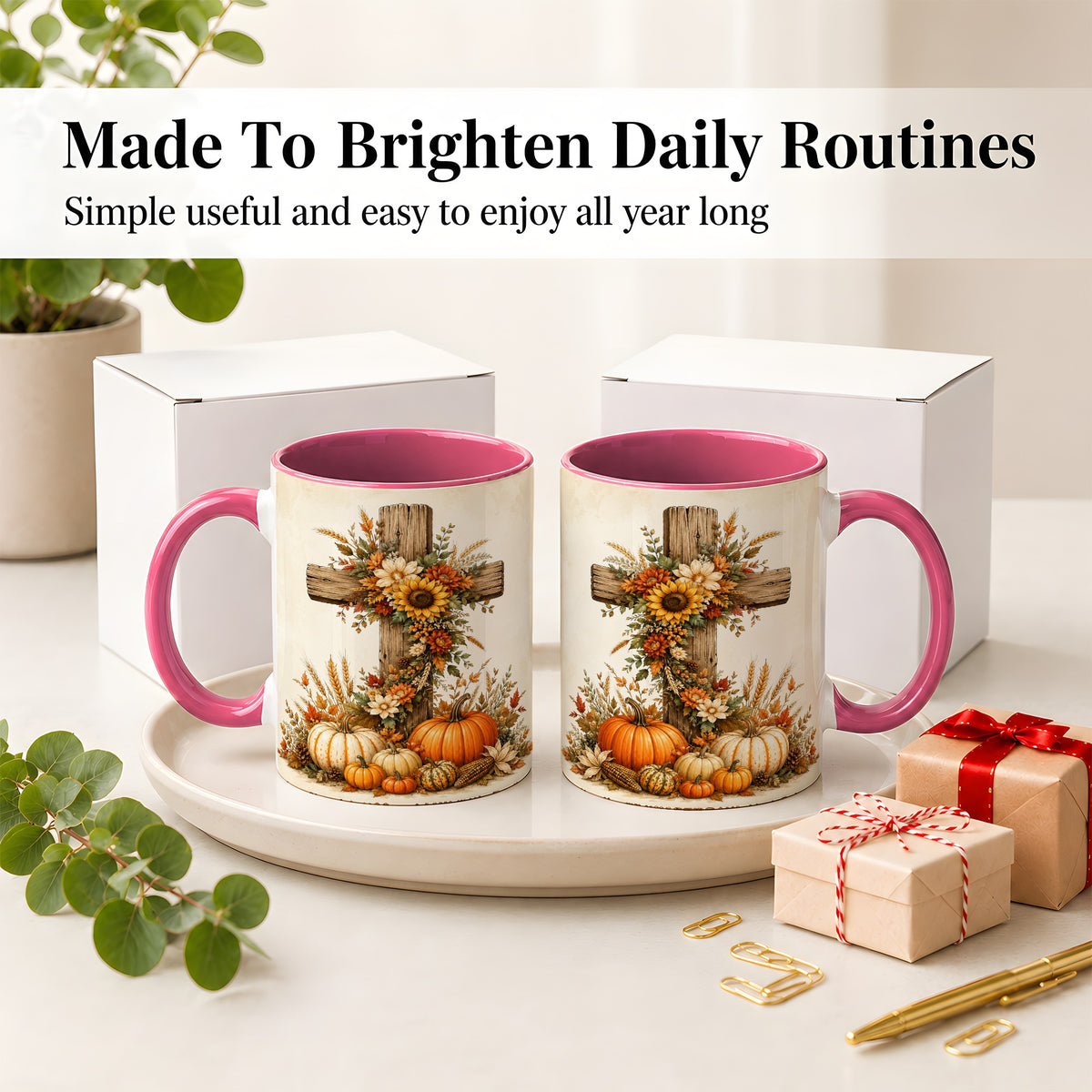 #pl[11oz|Pink] Autumn Cross Accent Mug, Mug with Sunflowers and Pumpkins Art