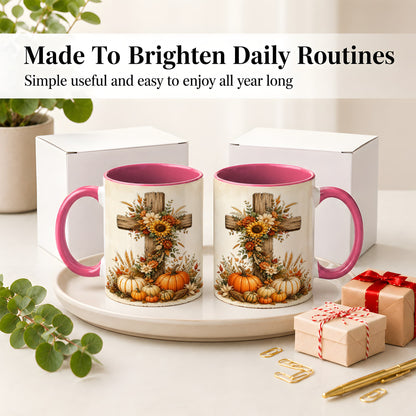 #pl[11oz|Pink] Autumn Cross Accent Mug, Mug with Sunflowers and Pumpkins Art