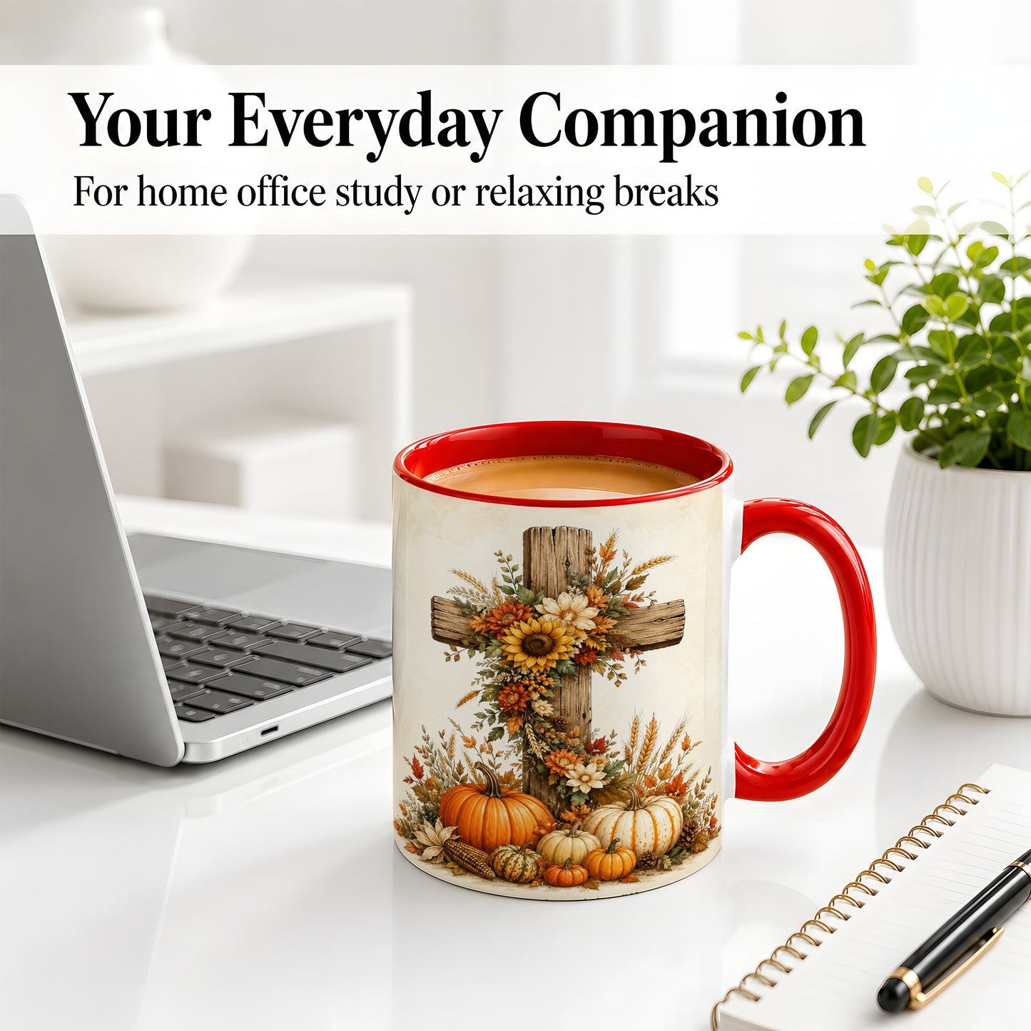 #pl[11oz|Red] Autumn Cross Accent Mug, Mug with Sunflowers and Pumpkins Art
