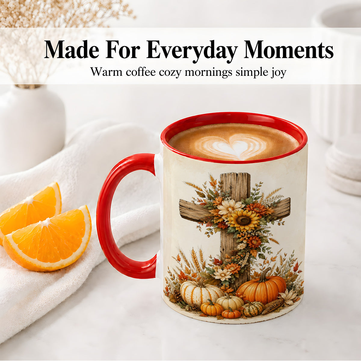 #pl[11oz|Red] Autumn Cross Accent Mug, Mug with Sunflowers and Pumpkins Art